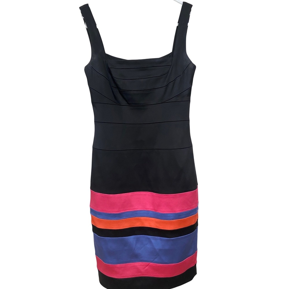 Jax Sheath Dress Womens 2 Black Satin Multi Colorblock Striped Bodycon